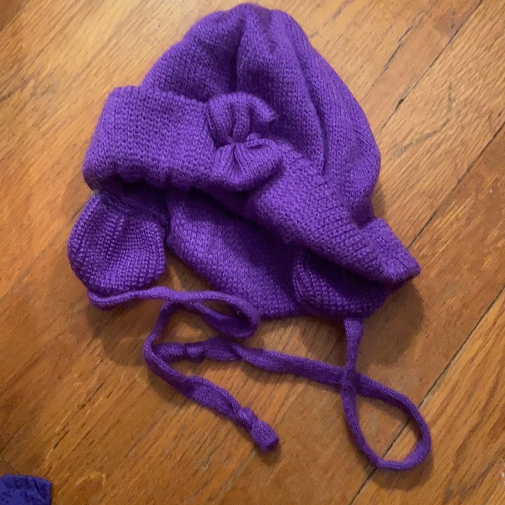 Purple Knit Hat with Bow and Ear Coverings Size 0-2